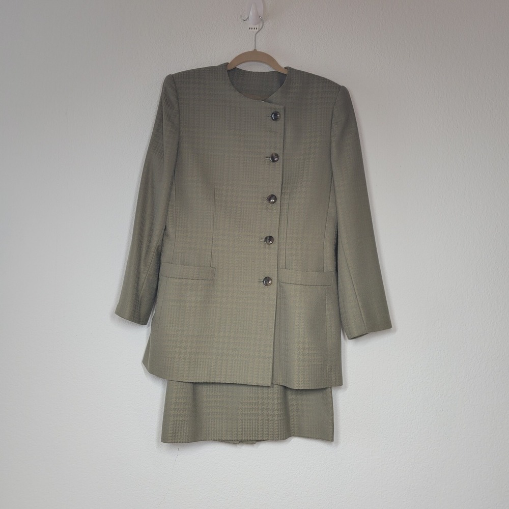 Vintage Albert Nipon Size 10 Wool Suit Set Jacket Skirt Tan Houndstooth Career